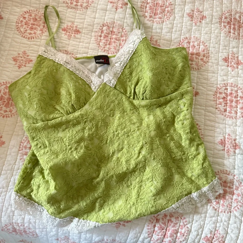 Vintage Y2K Lace Green Dainty Delicate Coquette Camisole Fairycore Tank Top - Picture 3 of 12